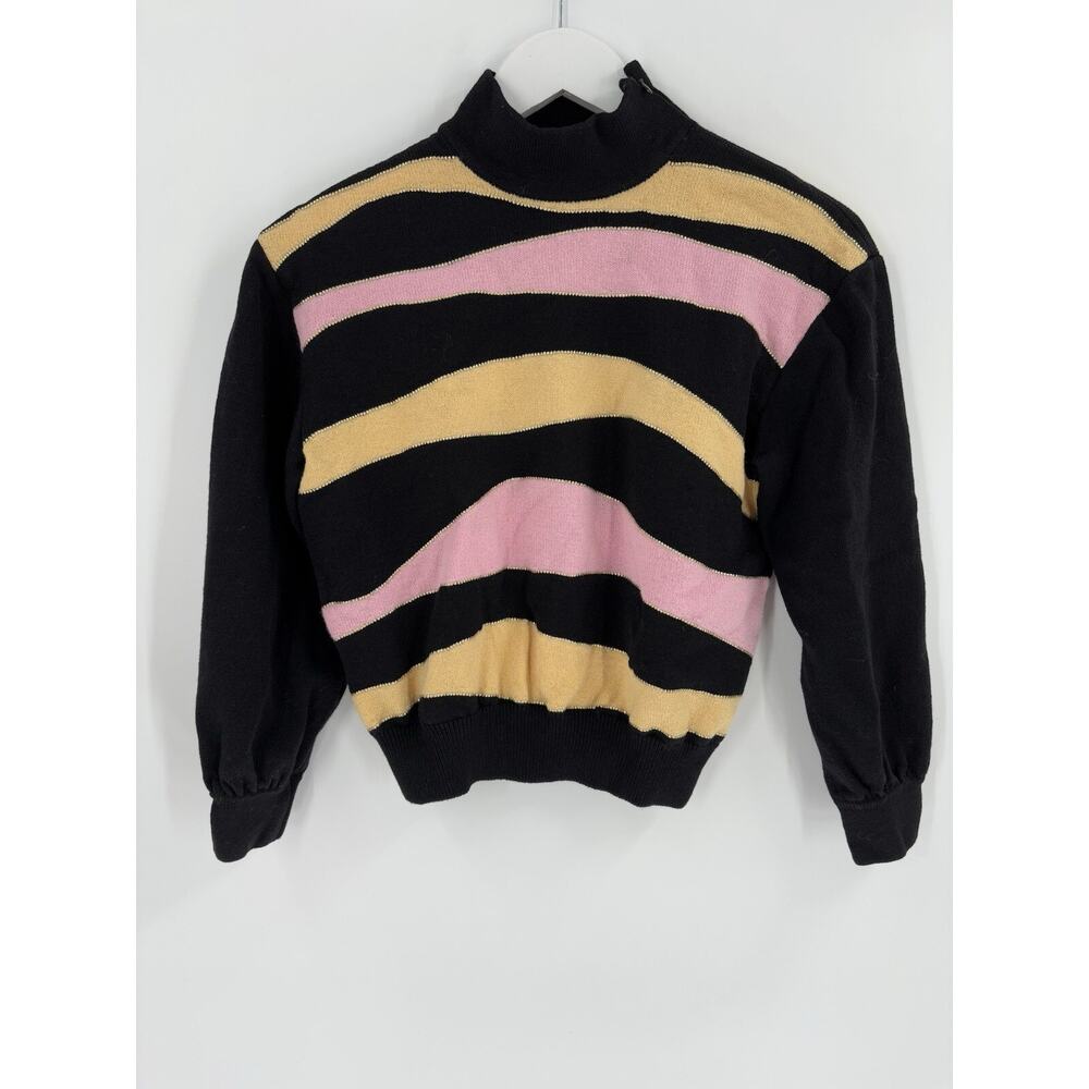 St. John Vintage Sweater Womens Small Black Pink Yellow Striped Knit Rhinestone